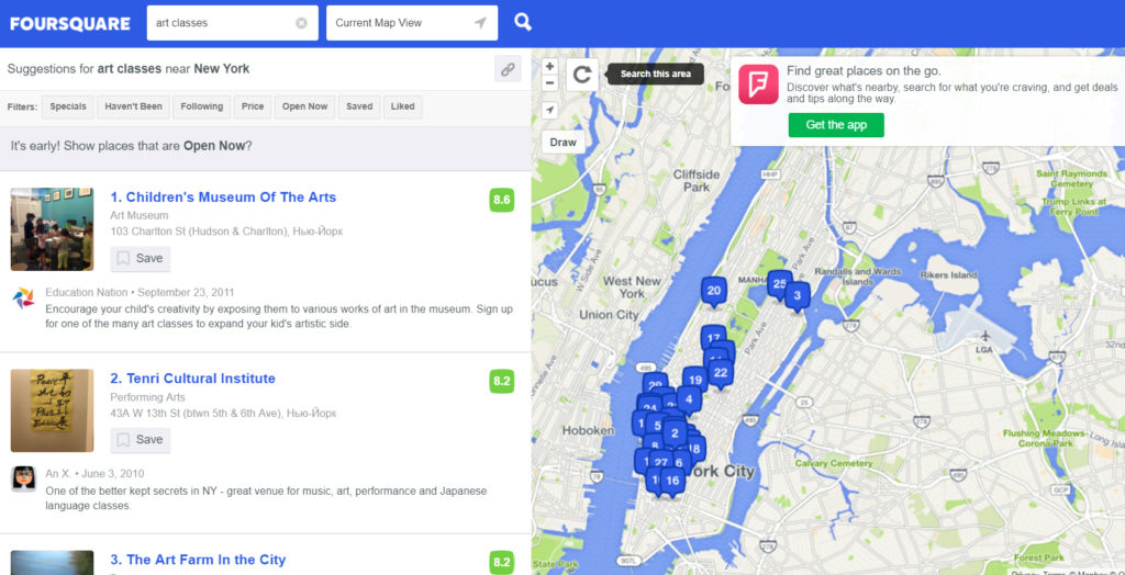 Foursquare search results for art classes near me