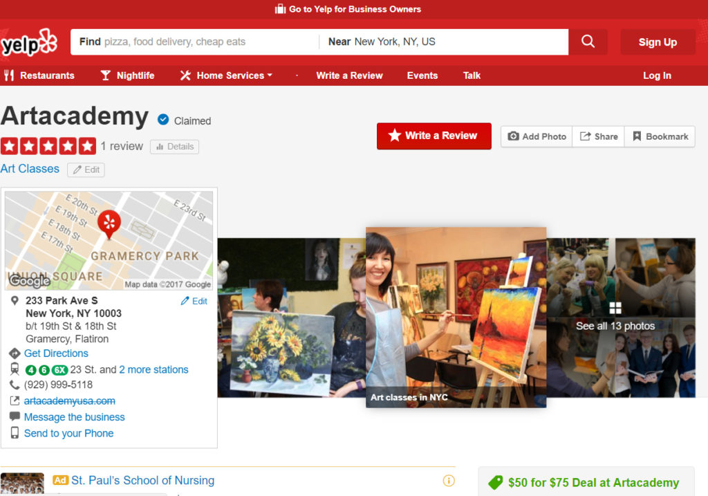 Yelp search results or art classes 