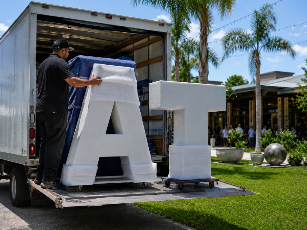 delivery of experiential marketing props letters in Florida with Box truck by Artacademy usa